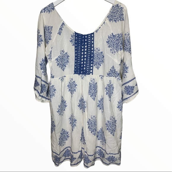 ENTRO Anthropologie Boho Lace Dress With Flowy 3/4 Sleeves Ivory/Blue Sz Medium - Picture 1 of 10